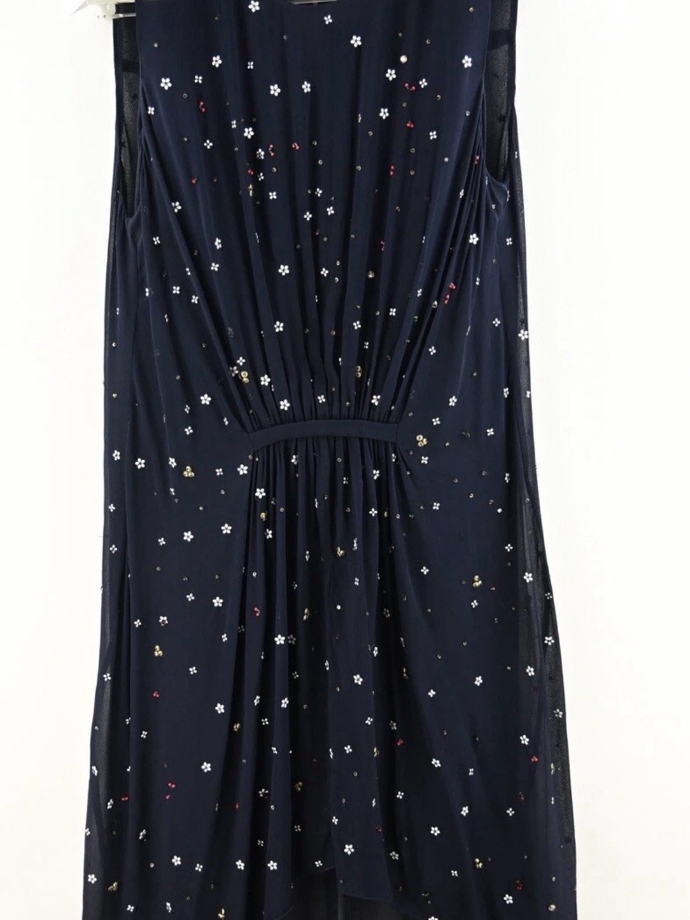 Megan Park Navy Asymmetrical Sleeveless Dress with Tiny Floral Accents